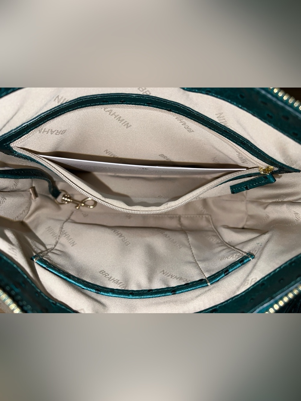 Brahmin Leather Ostrich Embossed MOD SHAYNA Crossbody Bag, Emerald Greenvale - Picture 6 of 8